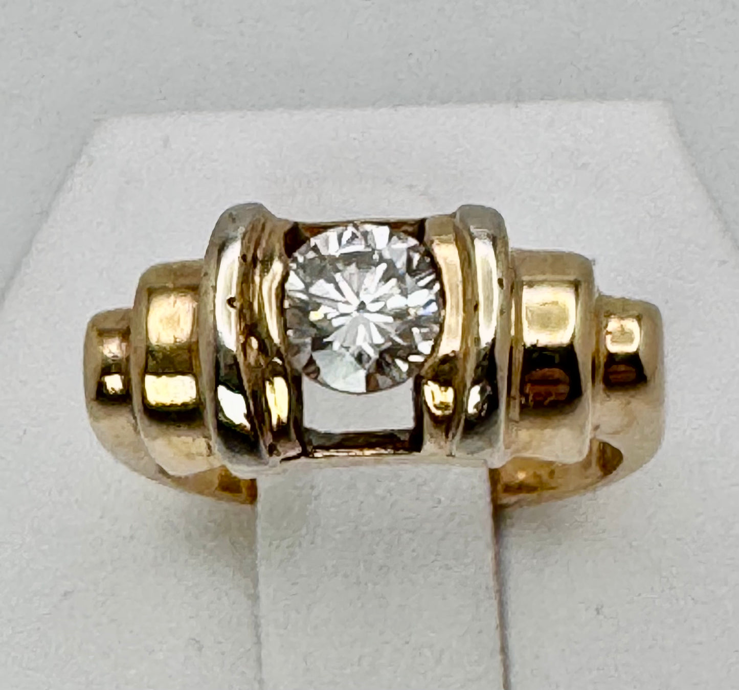 Vintage 14K Two Tone Gold 68pt Diamond  Barrel Design Floating Brilliant Cut Solitaire Statement Band