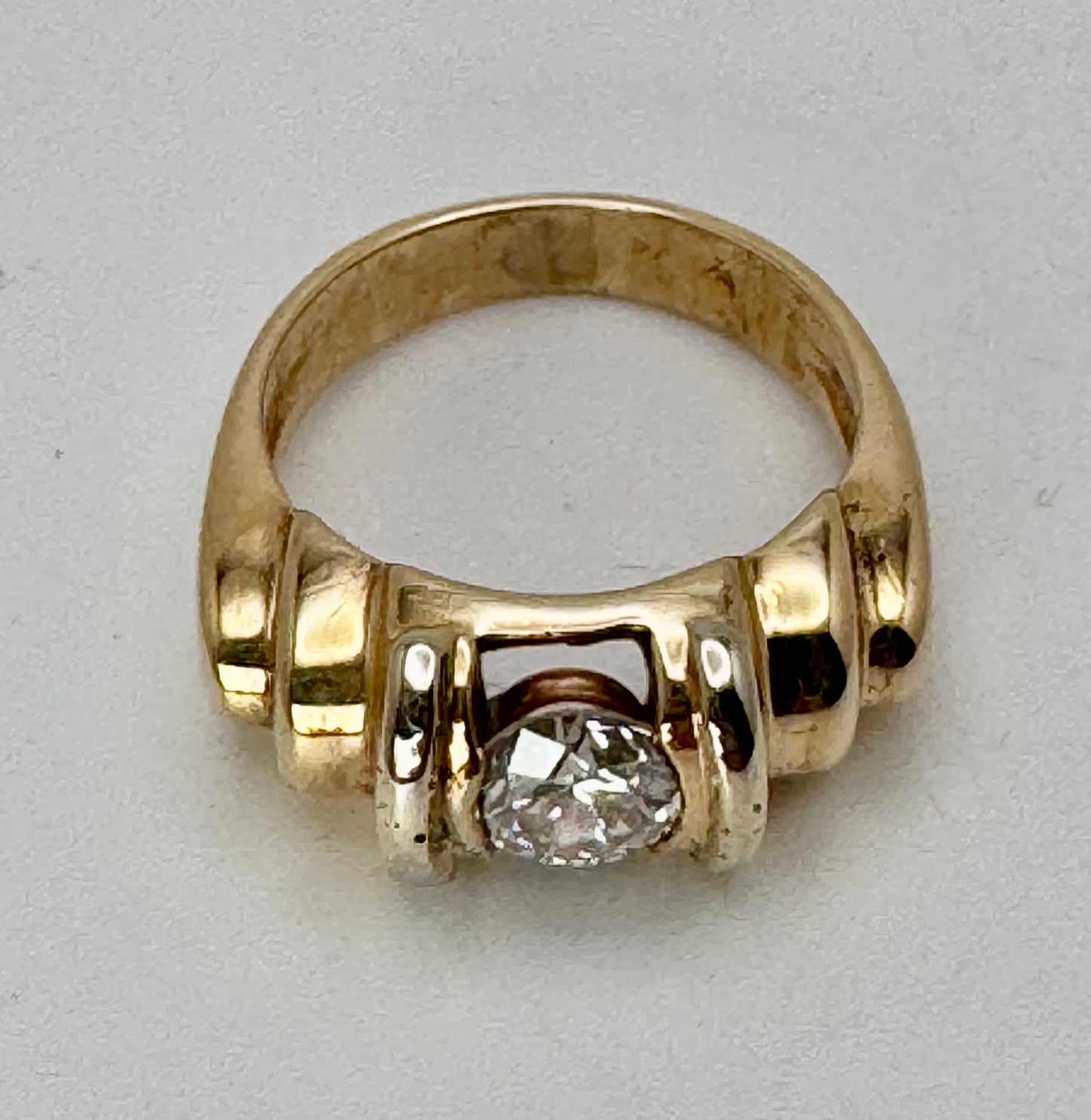 Vintage 14K Two Tone Gold 68pt Diamond  Barrel Design Floating Brilliant Cut Solitaire Statement Band