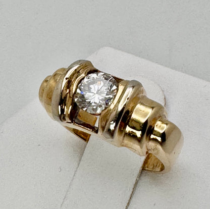 Vintage 14K Two Tone Gold 68pt Diamond  Barrel Design Floating Brilliant Cut Solitaire Statement Band