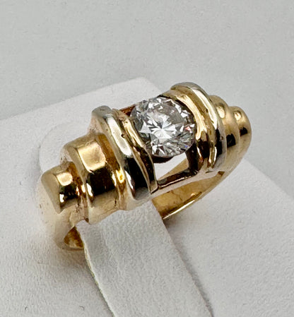 Vintage 14K Two Tone Gold 68pt Diamond  Barrel Design Floating Brilliant Cut Solitaire Statement Band