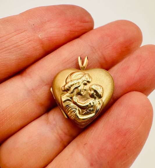 10k Yellow Gold Mother and Child Heart Locket Pendent