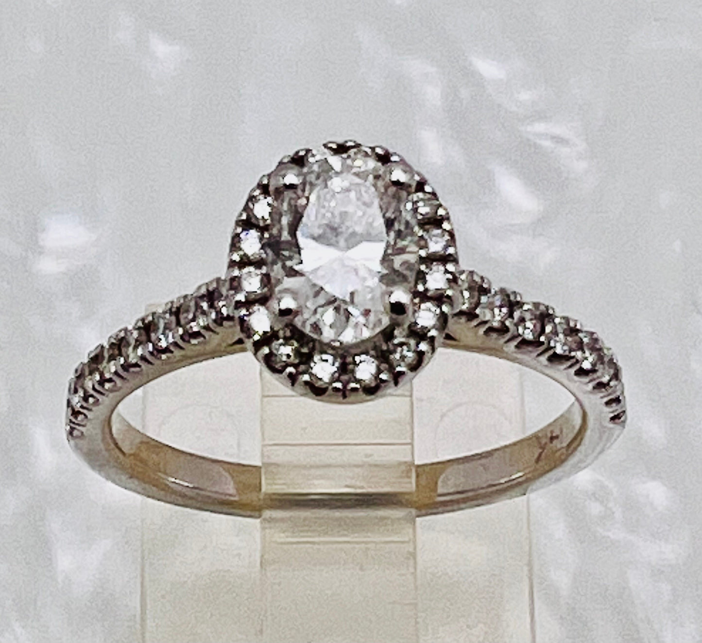 Vintage Custom Made 14k White Gold Oval Diamond with Halo Engagement / Promise / Commitment Ring