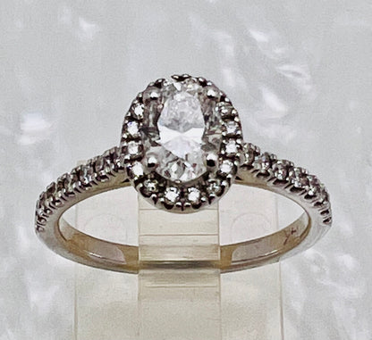 Vintage Custom Made 14k White Gold Oval Diamond with Halo Engagement / Promise / Commitment Ring