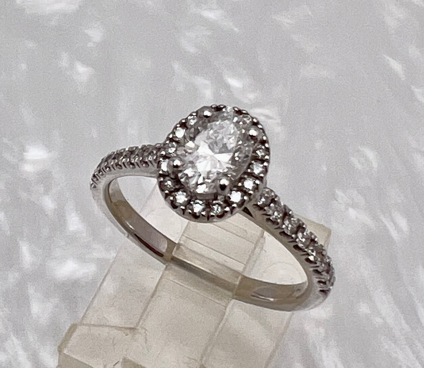 Vintage Custom Made 14k White Gold Oval Diamond with Halo Engagement / Promise / Commitment Ring
