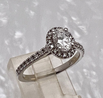 Vintage Custom Made 14k White Gold Oval Diamond with Halo Engagement / Promise / Commitment Ring