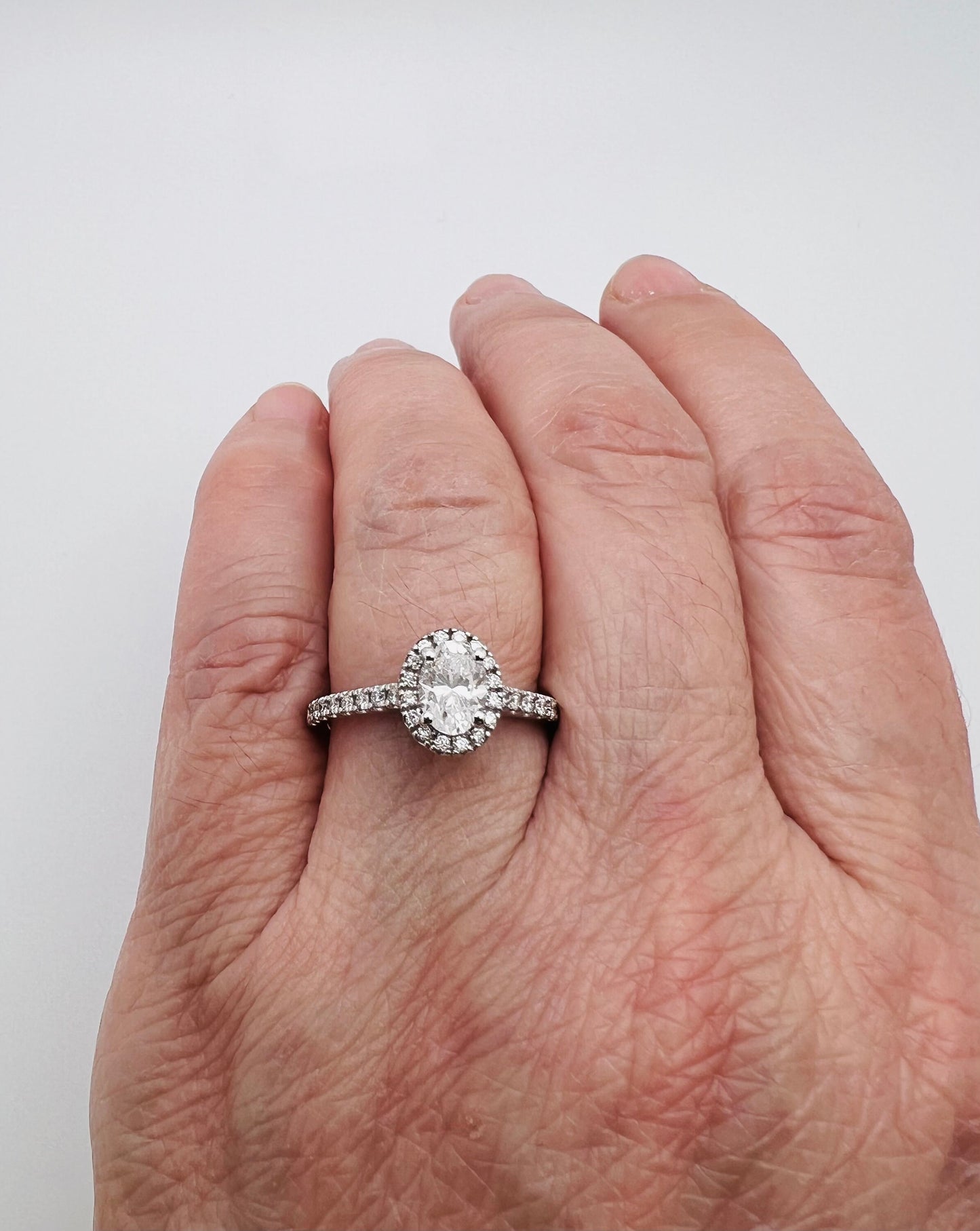 Vintage Custom Made 14k White Gold Oval Diamond with Halo Engagement / Promise / Commitment Ring