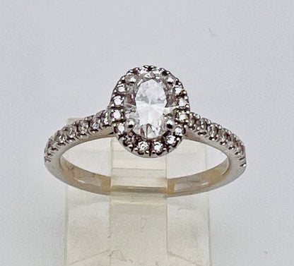 Vintage Custom Made 14k White Gold Oval Diamond with Halo Engagement / Promise / Commitment Ring