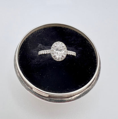 Vintage Custom Made 14k White Gold Oval Diamond with Halo Engagement / Promise / Commitment Ring