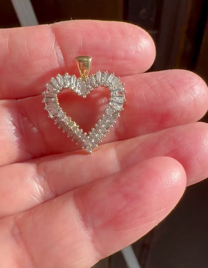 10k Yellow Gold Baguette and Round Cut 70pt Diamond Heart Pendent