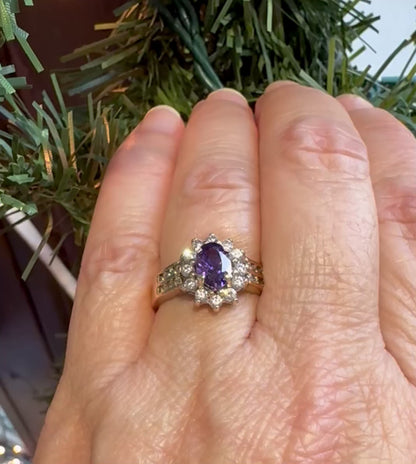 10k Yellow Gold Oval Cut Garnet  / Amethyst / Blue Topaz Birthstone &  CZ Ring