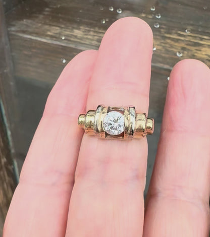 Vintage 14K Two Tone Gold 68pt Diamond  Barrel Design Floating Brilliant Cut Solitaire Statement Band