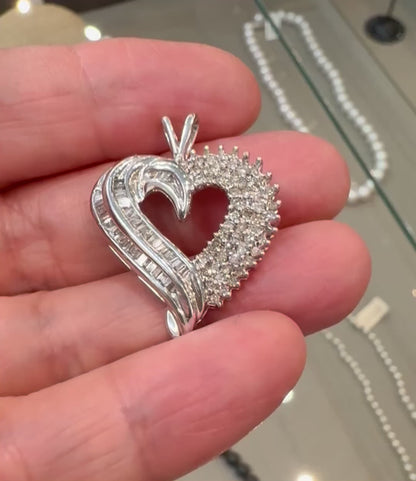 14k White Gold Round & Baguette Cut 1.5ct Diamond Heart Pendent