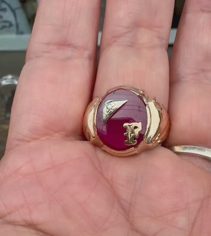 10K Yellow Gold Initial 'F' Pink Ruby Stone Ring with Diamond