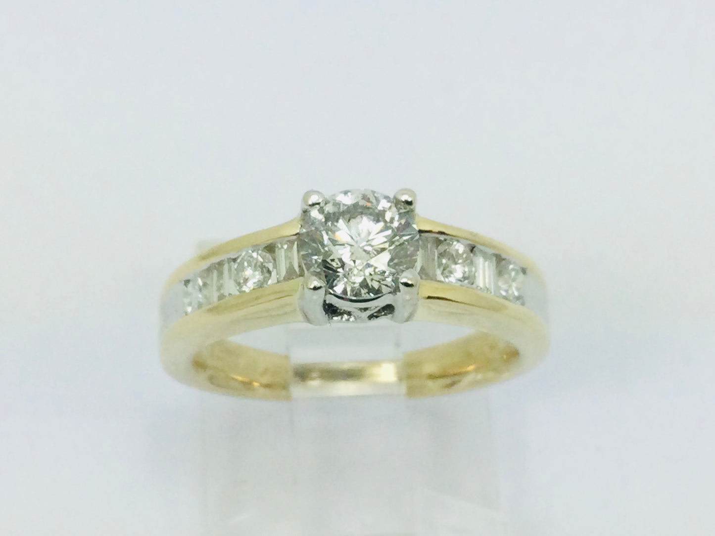 14k Yellow Gold Round and Baguette Cut 92pt Engagement Diamond Ring