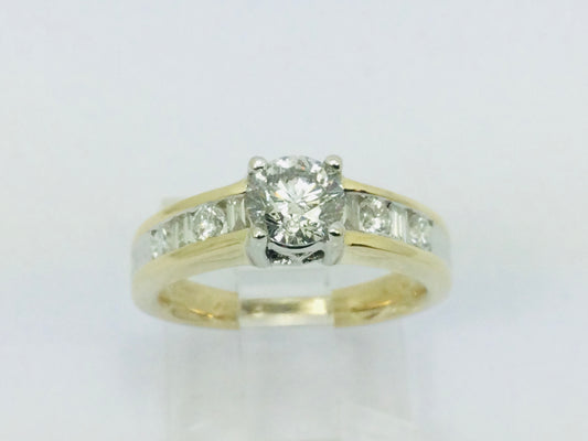 14k Yellow Gold Round and Baguette Cut 92pt Engagement Diamond Ring