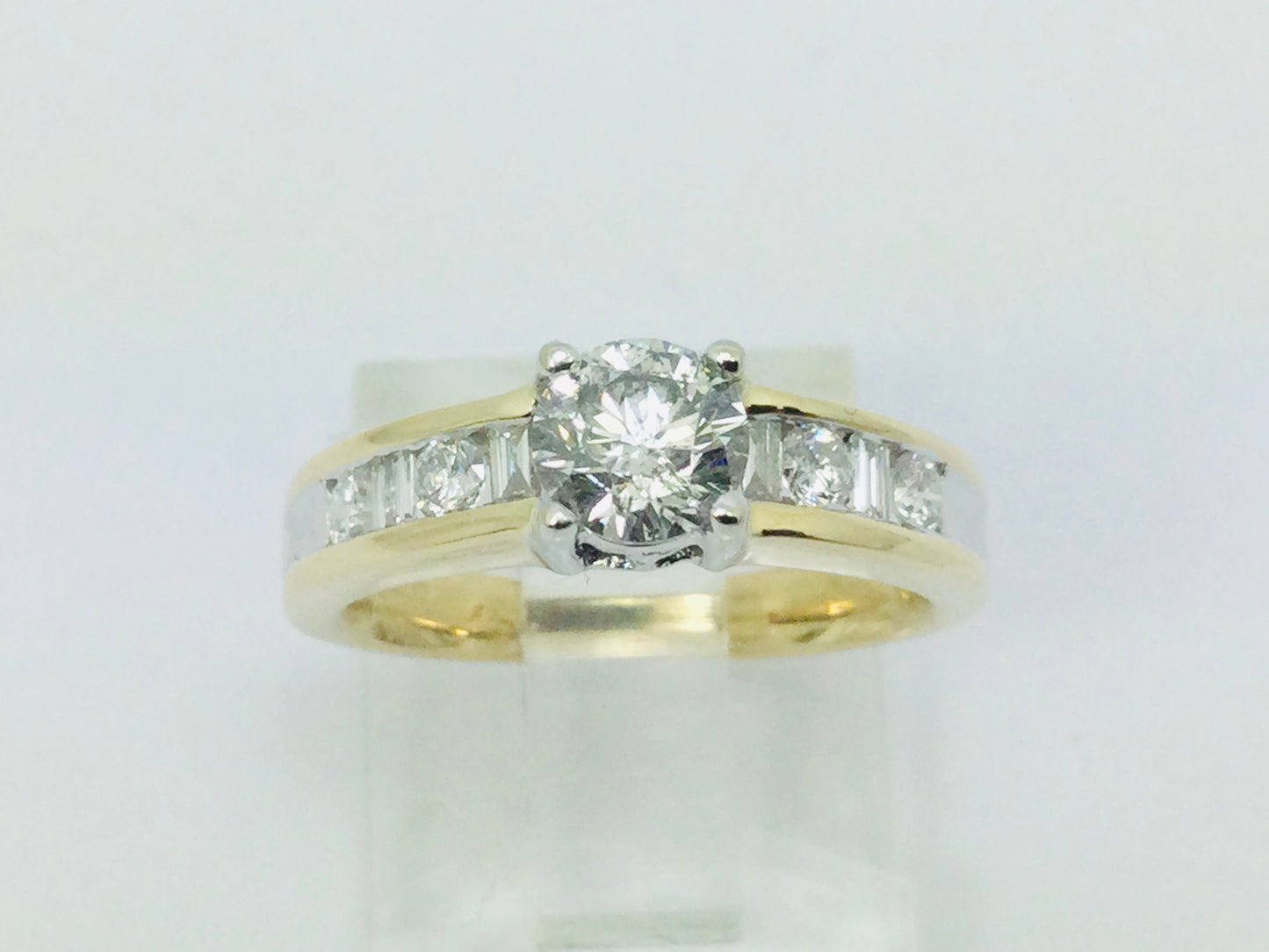 14k Yellow Gold Round and Baguette Cut 92pt Engagement Diamond Ring