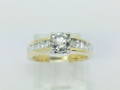 14k Yellow Gold Round and Baguette Cut 92pt Engagement Diamond Ring