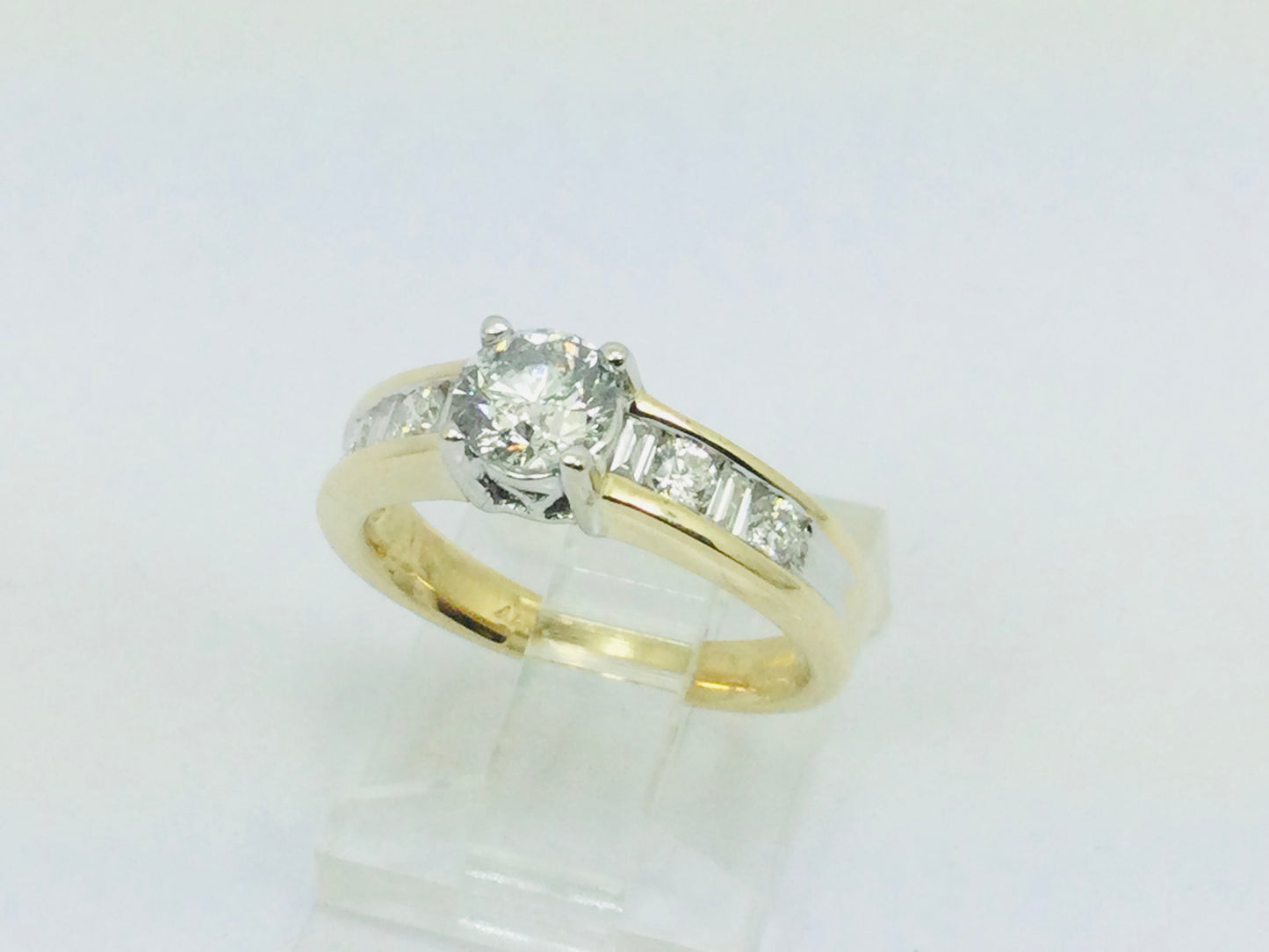 14k Yellow Gold Round and Baguette Cut 92pt Engagement Diamond Ring