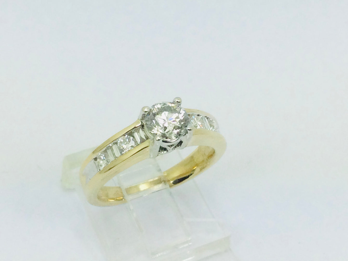 14k Yellow Gold Round and Baguette Cut 92pt Engagement Diamond Ring