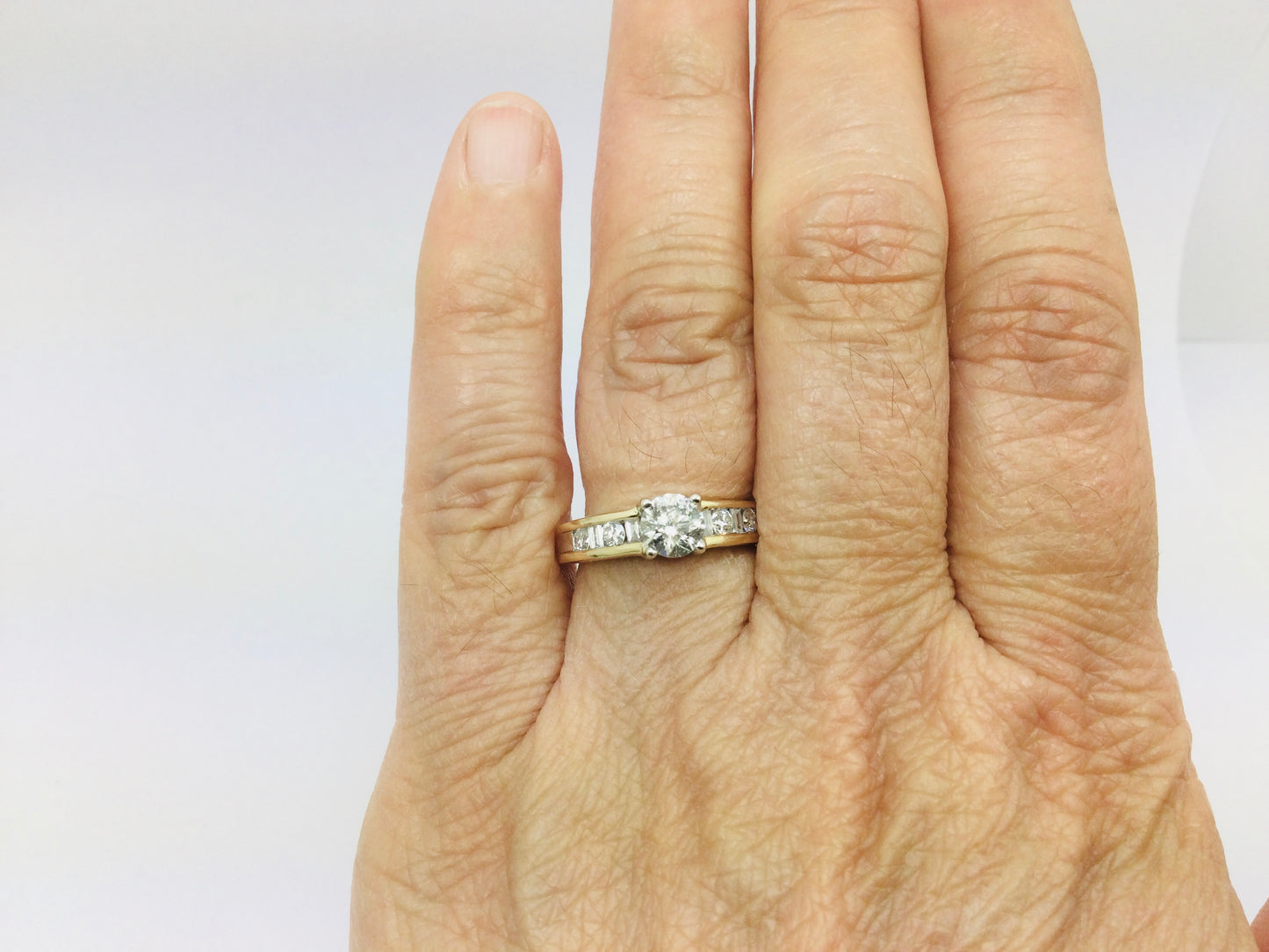 14k Yellow Gold Round and Baguette Cut 92pt Engagement Diamond Ring