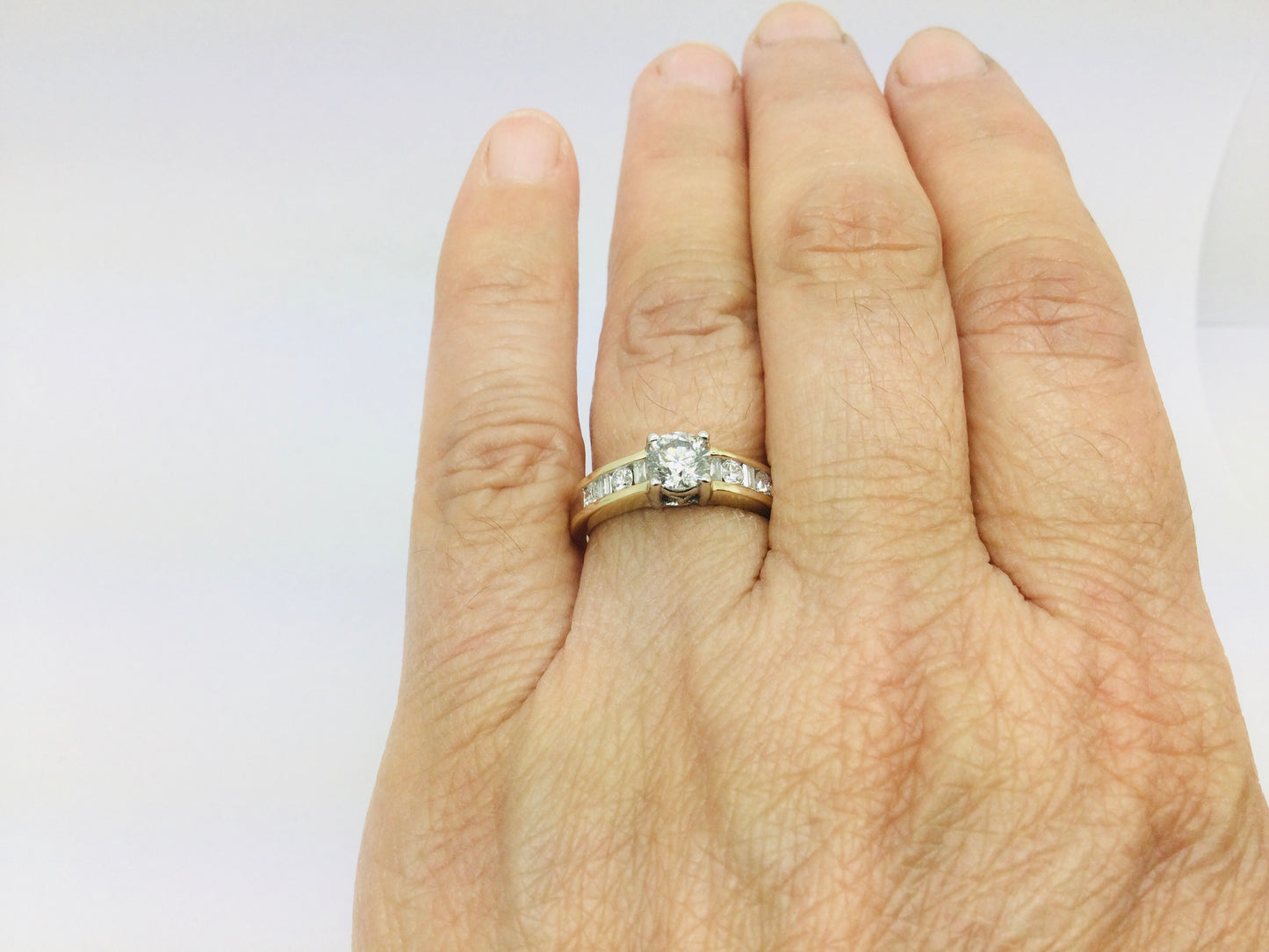 14k Yellow Gold Round and Baguette Cut 92pt Engagement Diamond Ring