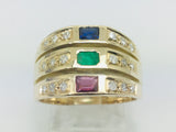 18k Yellow Gold Rectangular Cut 20pt Ruby, Sapphire, Emerald & 18pt Diamond Ring