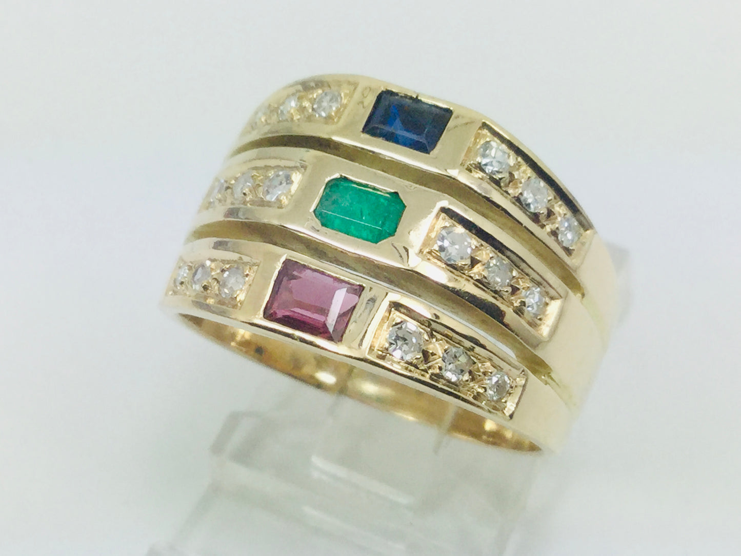 18k Yellow Gold Rectangular Cut 20pt Ruby, Sapphire, Emerald & 18pt Diamond Ring