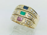 18k Yellow Gold Rectangular Cut 20pt Ruby, Sapphire, Emerald & 18pt Diamond Ring