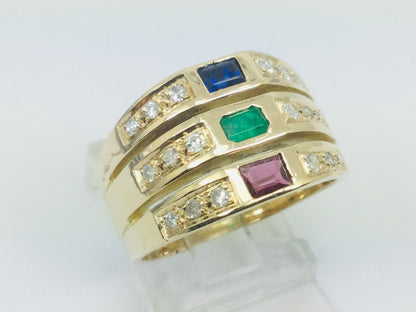 18k Yellow Gold Rectangular Cut 20pt Ruby, Sapphire, Emerald & 18pt Diamond Ring