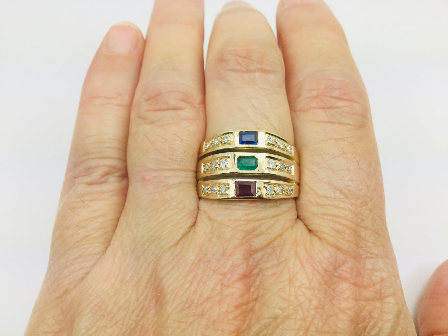 18k Yellow Gold Rectangular Cut 20pt Ruby, Sapphire, Emerald & 18pt Diamond Ring