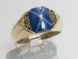 10k Yellow Gold Cushion Cut Star Sapphire September Birthstone & 2pt Diamond Ring