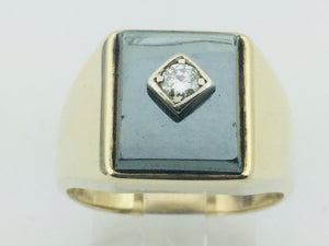 10k Yellow Gold Rectangular Cut Hematite and 11pt Diamond Ring