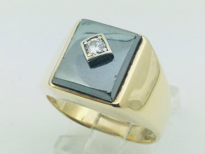 10k Yellow Gold Rectangular Cut Hematite and 11pt Diamond Ring