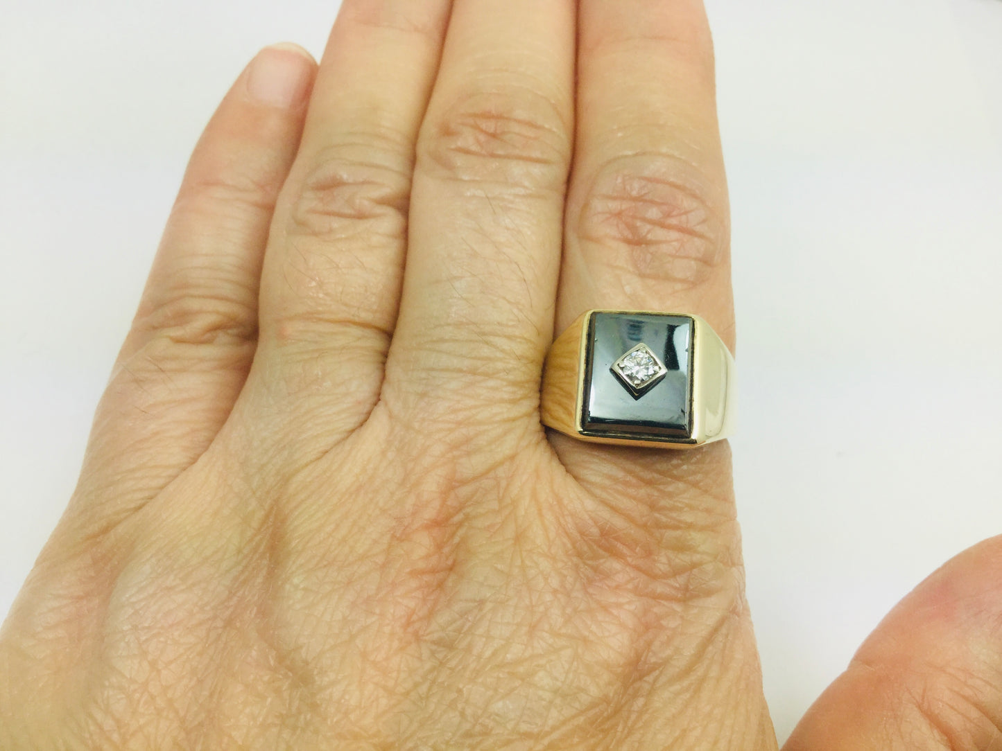 10k Yellow Gold Rectangular Cut Hematite and 11pt Diamond Ring