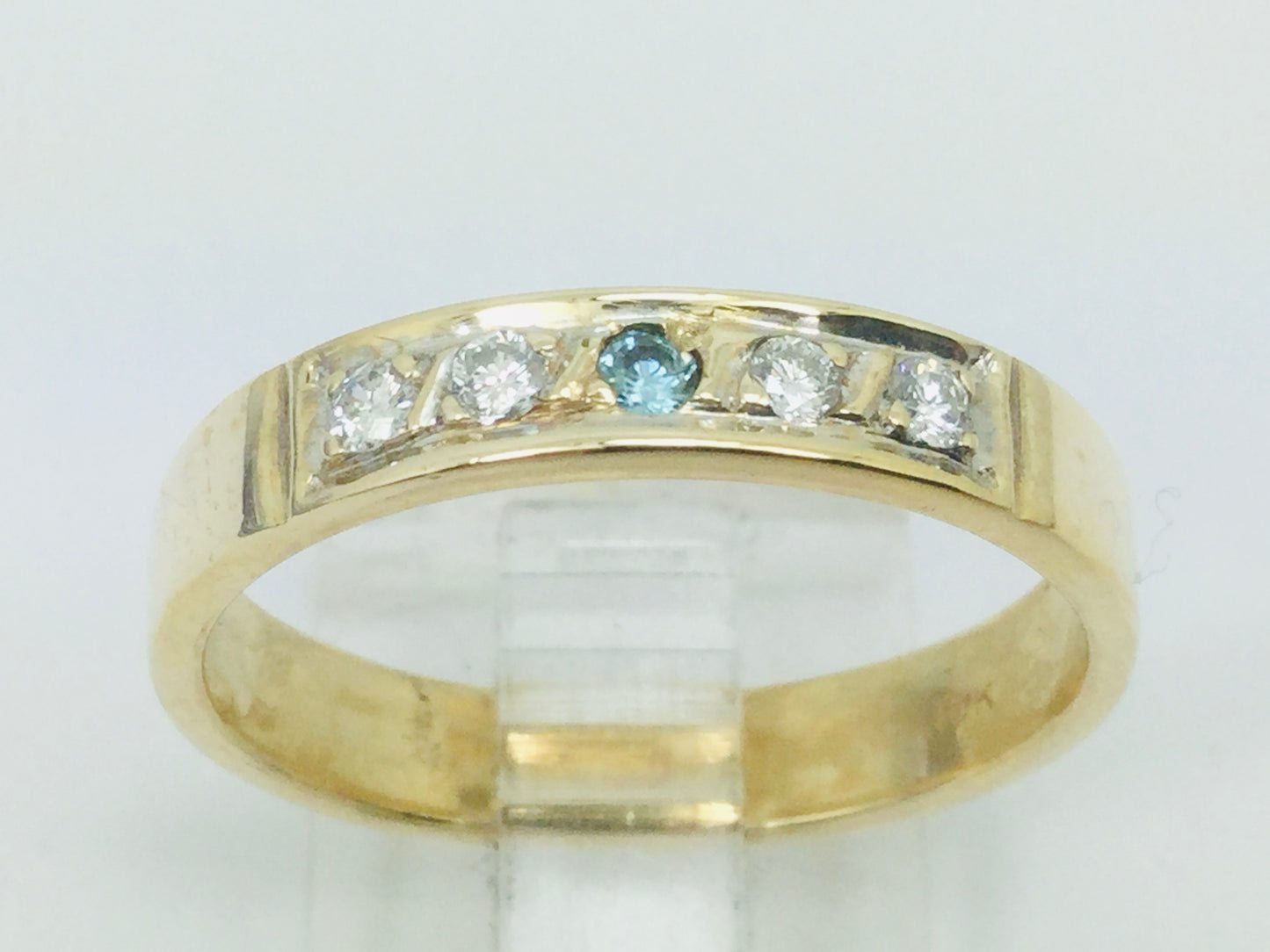 10k Yellow Gold Round Cut 14pt Diamond & Blue Topaz Row Set Band Ring