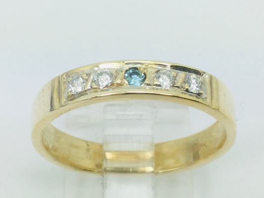 10k Yellow Gold Round Cut 14pt Diamond & Blue Topaz Row Set Band Ring