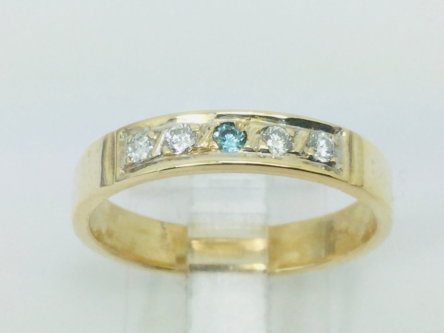 10k Yellow Gold Round Cut 14pt Diamond & Blue Topaz Row Set Band Ring