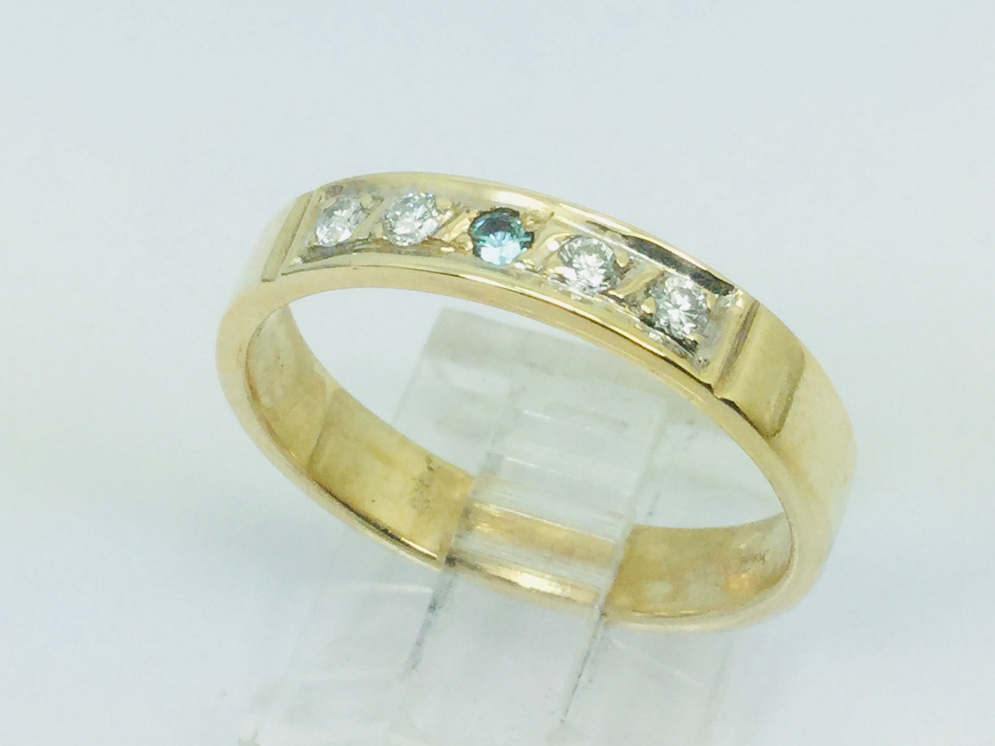 10k Yellow Gold Round Cut 14pt Diamond & Blue Topaz Row Set Band Ring