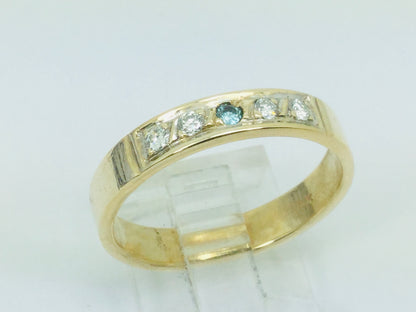 10k Yellow Gold Round Cut 14pt Diamond & Blue Topaz Row Set Band Ring