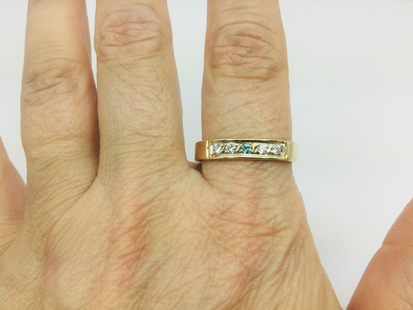 10k Yellow Gold Round Cut 14pt Diamond & Blue Topaz Row Set Band Ring