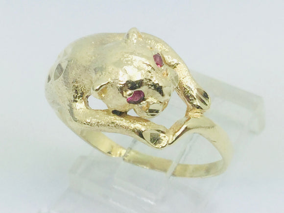10k Yellow Gold Round Cut Ruby July Birthstone Eye Panther Ring