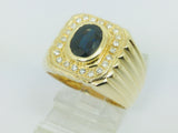 18k Yellow Gold Oval Cut 1ct Sapphire & 22pt Diamond Halo Ring
