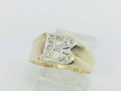 10k Yellow Gold Round Cut 5pt Diamond Letter 'B' Initial Ring