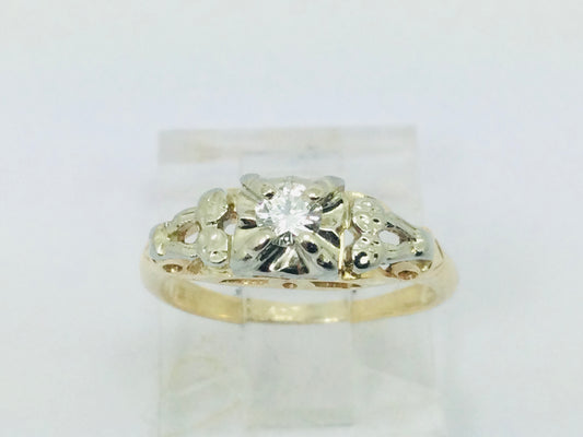 14k Yellow and White Gold Round Cut 11pt Diamond Solitaire Vintage Ring