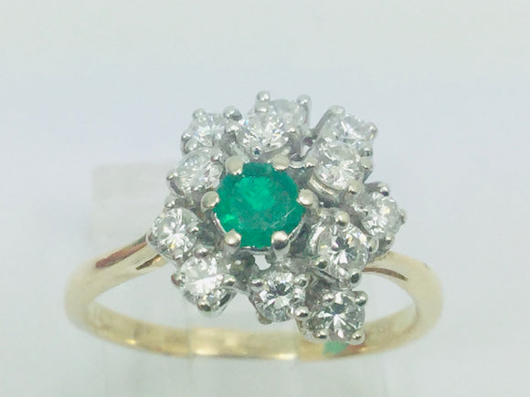 14k Yellow Gold Round Cut 20pt Emerald May Birthstone & 72pt Diamond Cluster Ring