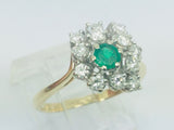 14k Yellow Gold Round Cut 20pt Emerald May Birthstone & 72pt Diamond Cluster Ring