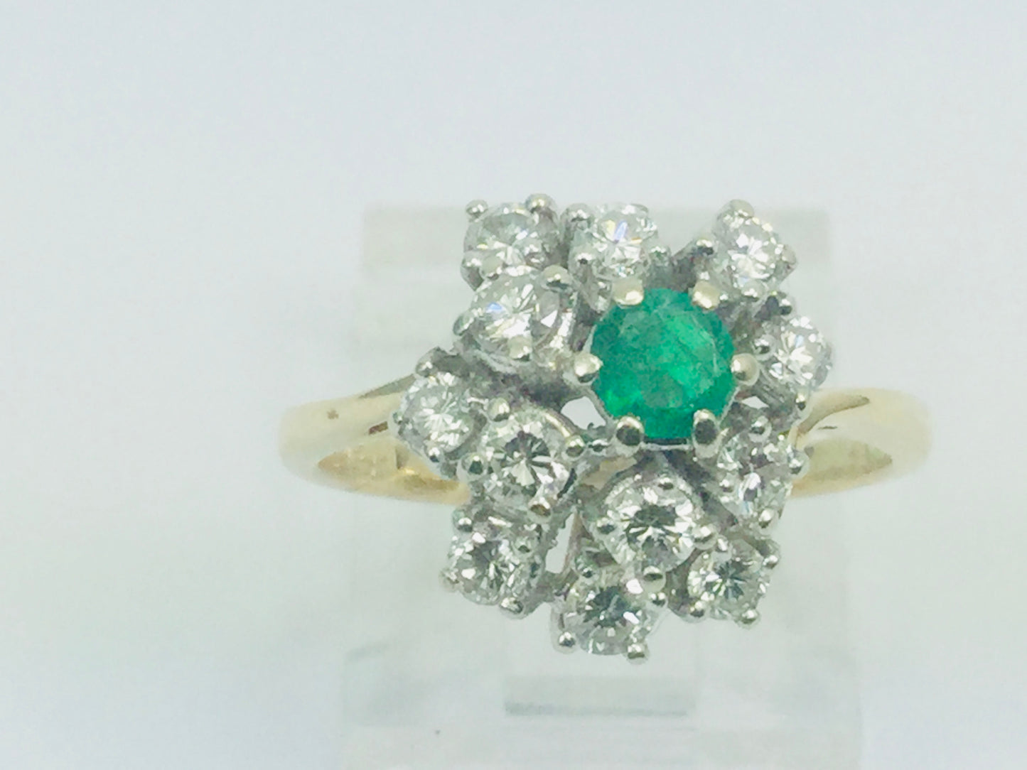 14k Yellow Gold Round Cut 20pt Emerald May Birthstone & 72pt Diamond Cluster Ring