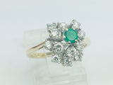 14k Yellow Gold Round Cut 20pt Emerald May Birthstone & 72pt Diamond Cluster Ring