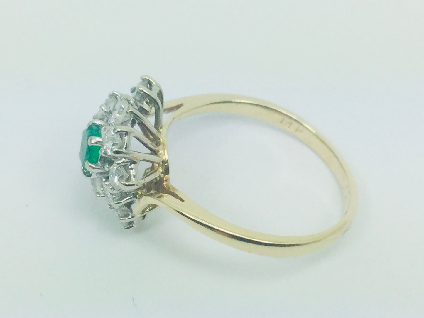 14k Yellow Gold Round Cut 20pt Emerald May Birthstone & 72pt Diamond Cluster Ring