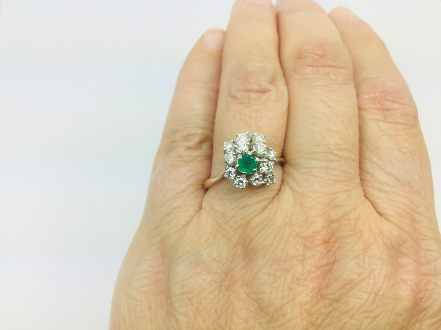 14k Yellow Gold Round Cut 20pt Emerald May Birthstone & 72pt Diamond Cluster Ring
